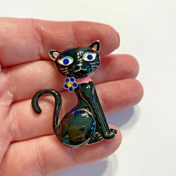 Black Enamel Cat Brooch Mod Kitschy Kitty Pin Retro Kitten Brooch Blue Eyes NEW - Picture 3 of 4